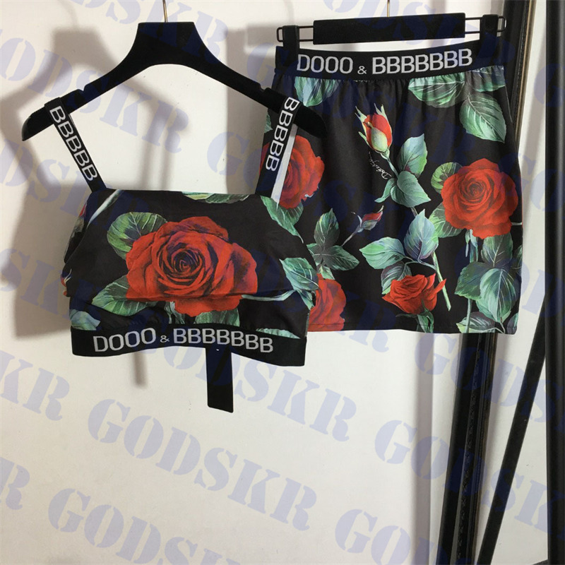 

Rose Print Sling Tanks Skirt Suit Letter Logo Cropped Tops High Waist Dress For Women, Please contact me real pic