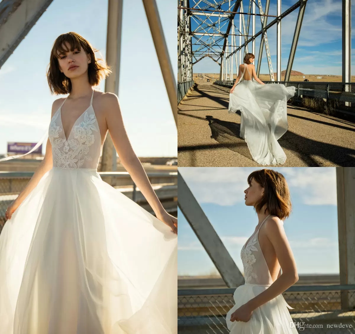 Floral A Line Wedding Dresses Beach With Chiffon Halter Backless Bridal Gowns Illusion Bodice Wedding Dress Vestidos De Novia-image-828544355