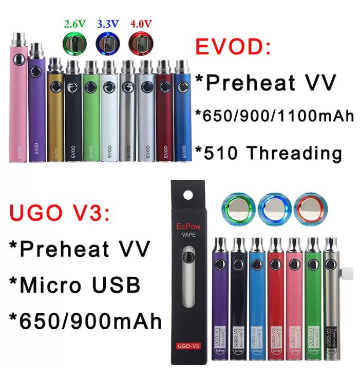 

EVOD UGO V3 Preheat VV Vaporizer Battery 1100 900 650mAh Variable Voltage E Cigarette 510 Thread Vape Pen & E-Cig USB Charger eGo-T MT3 CE4 CE5
