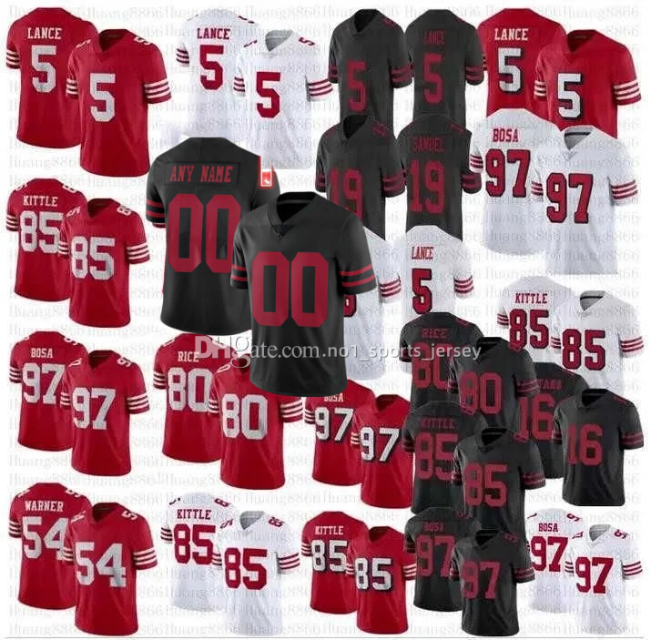 

CUSTOM Football Jersey San Francisco''49ers''10 Jimmy Garoppolo 28 Tevin Coleman 44 Kyle Juszczyk 23 Christian McCaffrey 97 Nick Bosa Men Women Youth, Color2