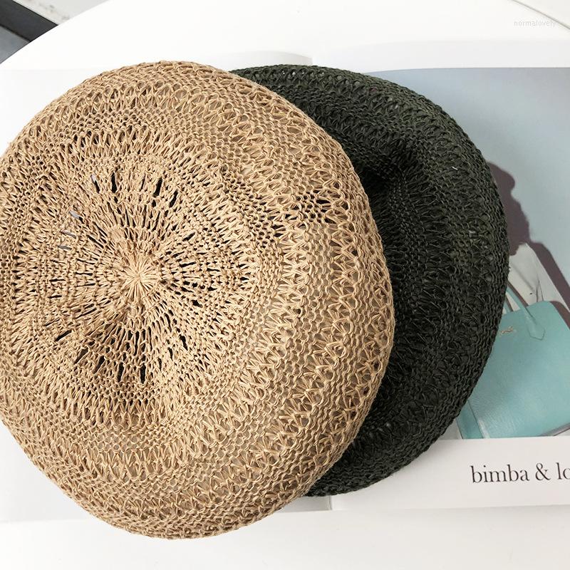 

Berets Women Knitted Beret Summer Cap Chic Parisian Style Soft Lightweight Crochet Cutout Knit Breathable Staw Line Beanie Hat, Beige