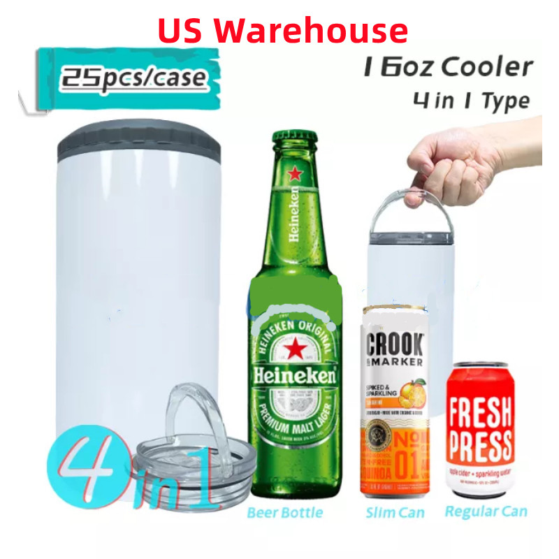 

US Warehouse 16oz Sublimation Cooler Tumblers 4 in 1 Double Wall Stainless Steel Vacuum Insulated Coolers With two Lids DIY Blank Beer Mugs 25pcs B5, White