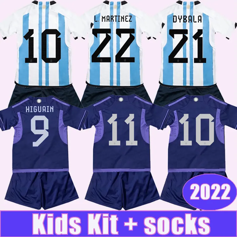 

22 23 Argentina HIGUAIN Kids Kit Soccer Jerseys National Team DYBALA L.MARTINEZ DE PAUL Home Away Football Shirts Child Suit Uniforms, Tz10203 22 23 home no socks