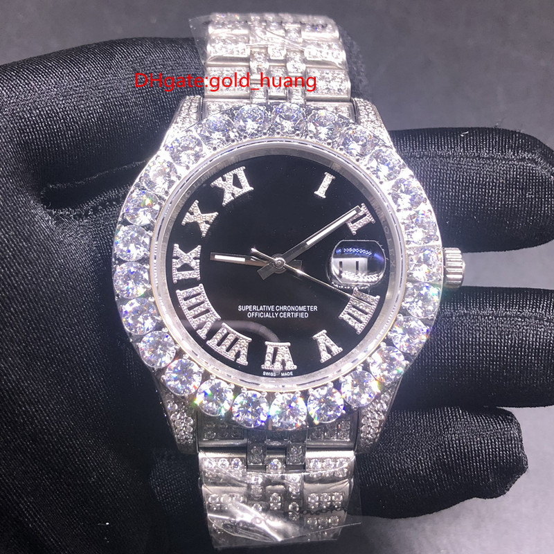 

Men's Prong set Diamond 43mm Watch Silver shell Iced Diamond Case 316L Stainless Steel Strap Wristwatch Automatic Mechanical Watches Black dial, Multi-color