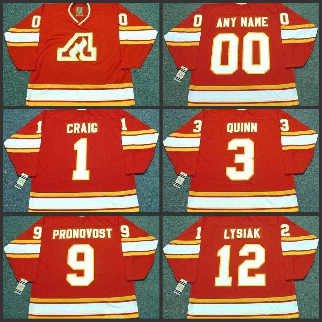 

1 jim craig 12 tom lysiak 9 jean pronovost 3 pat quinn atlanta flames 1980 vintage away hockey jersey S-3XL, Red