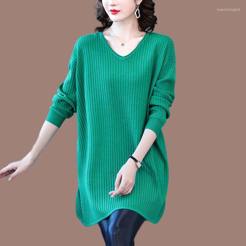 

Women's Sweaters Autumn Winter Large Size Pullovers Sweater 2022 Women's Casual Loose V-Neck Long Knit Female Jumper Tops Full W897, Green