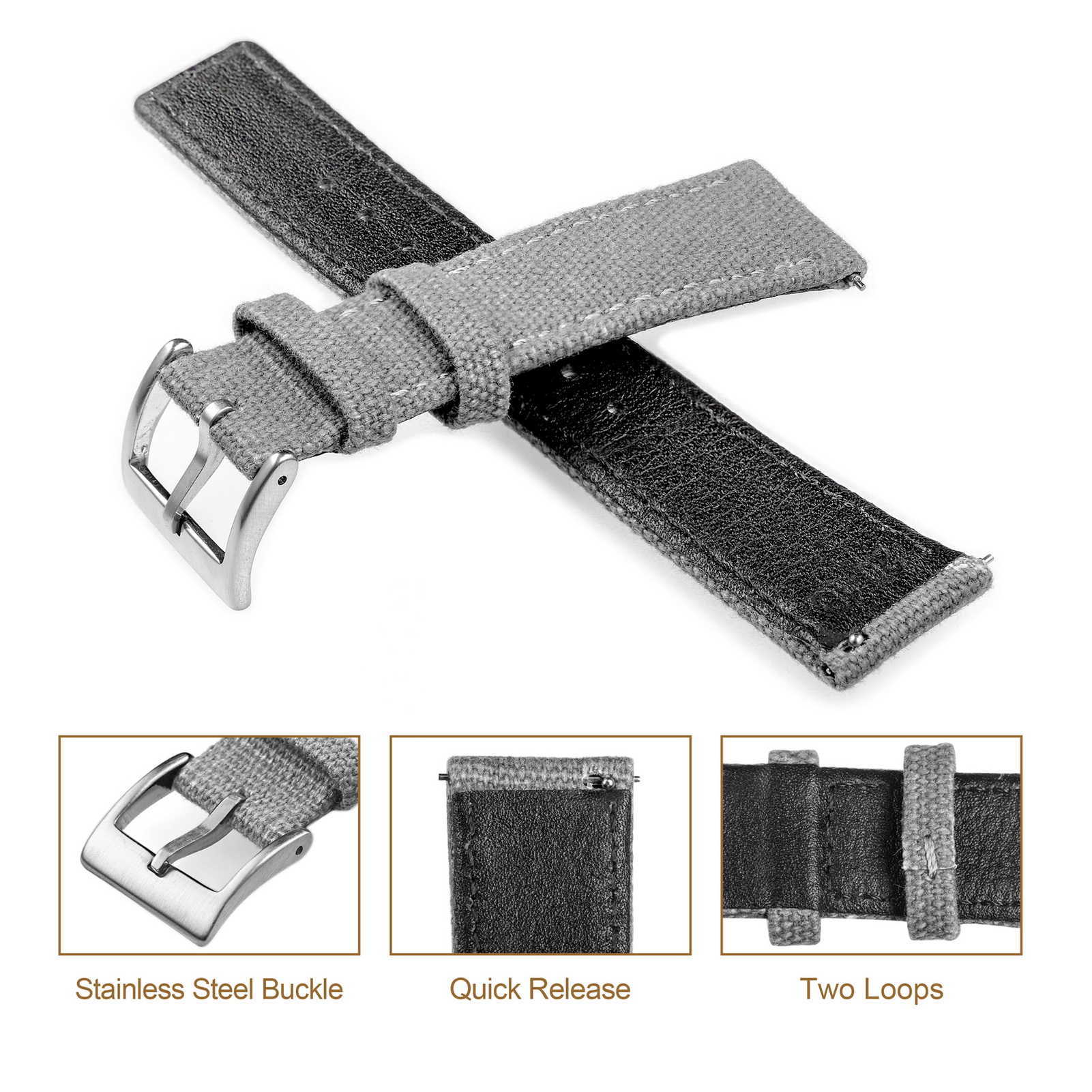 

Watch Bands Hemsut Canvas Watch Bands Quick Release Grey Two Pieces Fabric Watch Straps Heavy Duty Buckle 18mm 20mm 22mm T221219