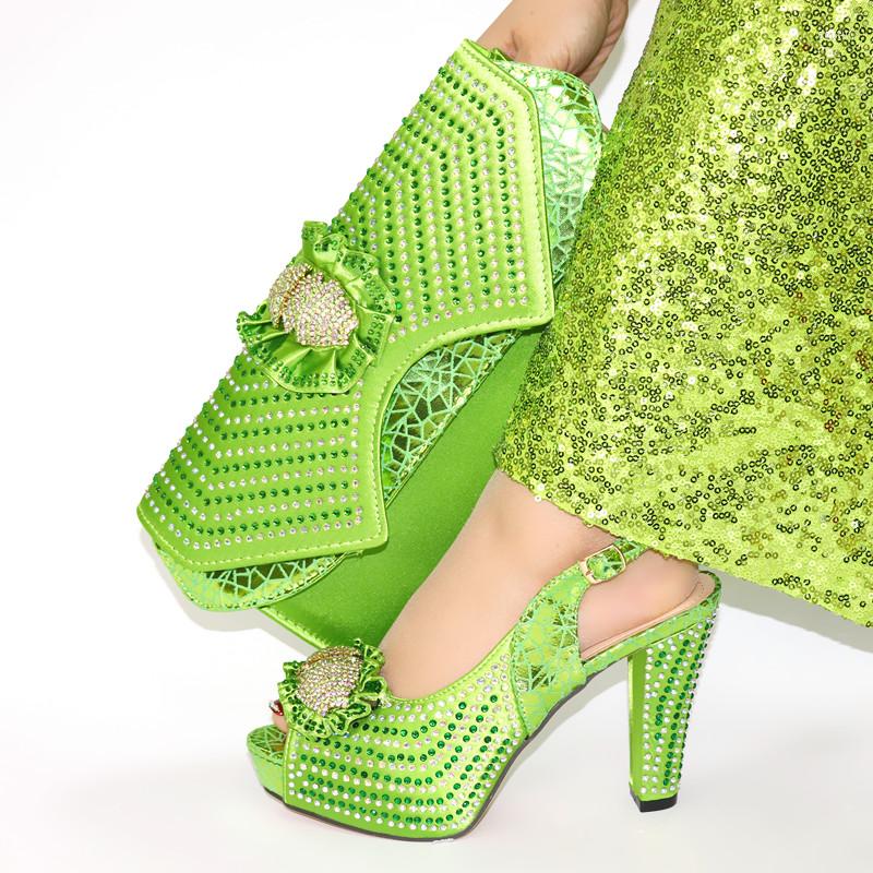 

Dress Shoes Wonderful Green Women Pumps With Rhinestone Decoration African Match Handbag Set CR2108 Heel 11.3CM, Gold