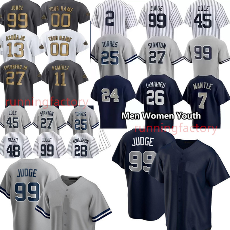 

New 99 Aaron Judge Yorks Baseball Jersey 2 Derek Jeter Giancarlo Stanton Jerseys mens blue grey white stitched size S-3XL, As