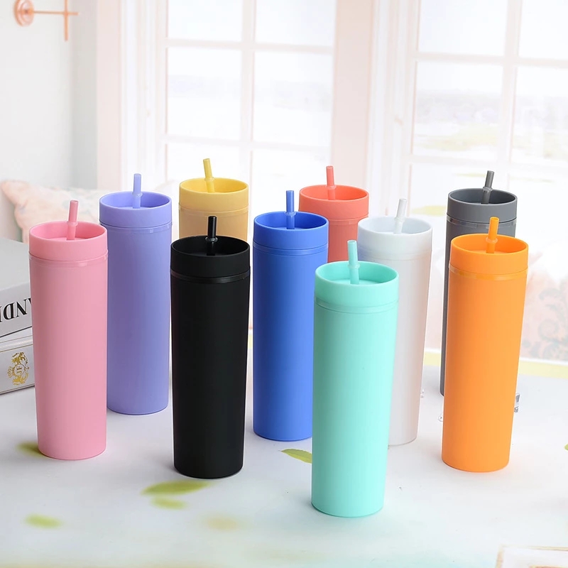 

16oz Double Wall Skinny Tumbler Matte Water Bottle with Lid Straw Plastic Frosted Straight Body Straw Cup Coffee Mug for Girls, Multi-color