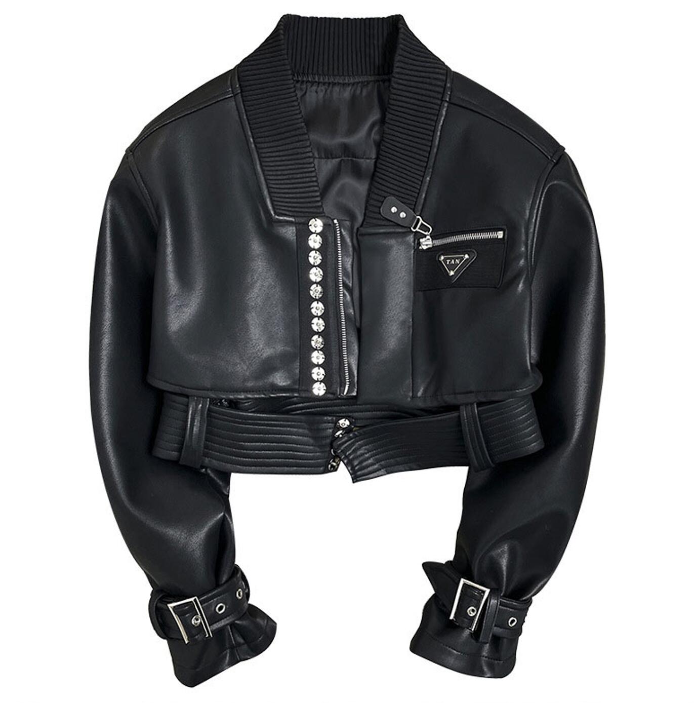 

Women' high waist short v-neck PU leather cool jackets coat SML, Black