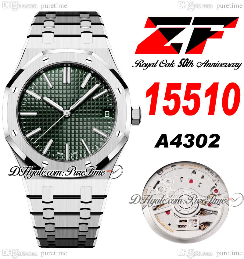 

ZF 1551 50th Anniversary A4302 Automatic Mens Watch 41mm Ultra-thin 10.5mm Green Textured Dial Stick Stainless Steel Bracelet Super Edition Watches Puretime E5