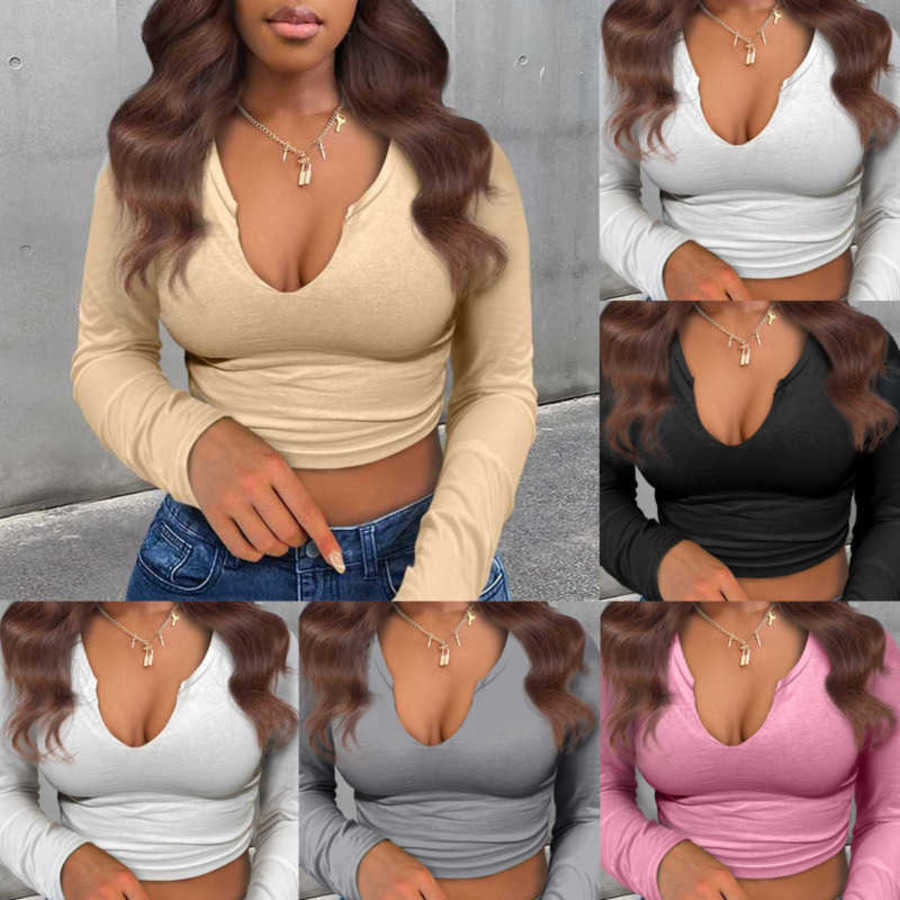 

Brushed Designer Womens Long Sleeves T-shirt U-neck Top Slim Sexy 2023 New Clothing 5 Colours -XL, Creamy-white