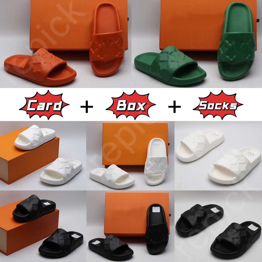 

2023 New Slippers Designer womens Rubber Slide Waterfront Embossed Mule Fashion Women Slides Flat Comfort with OG Box luxury Summer sandals Luxury men Beach sandal, As shown here