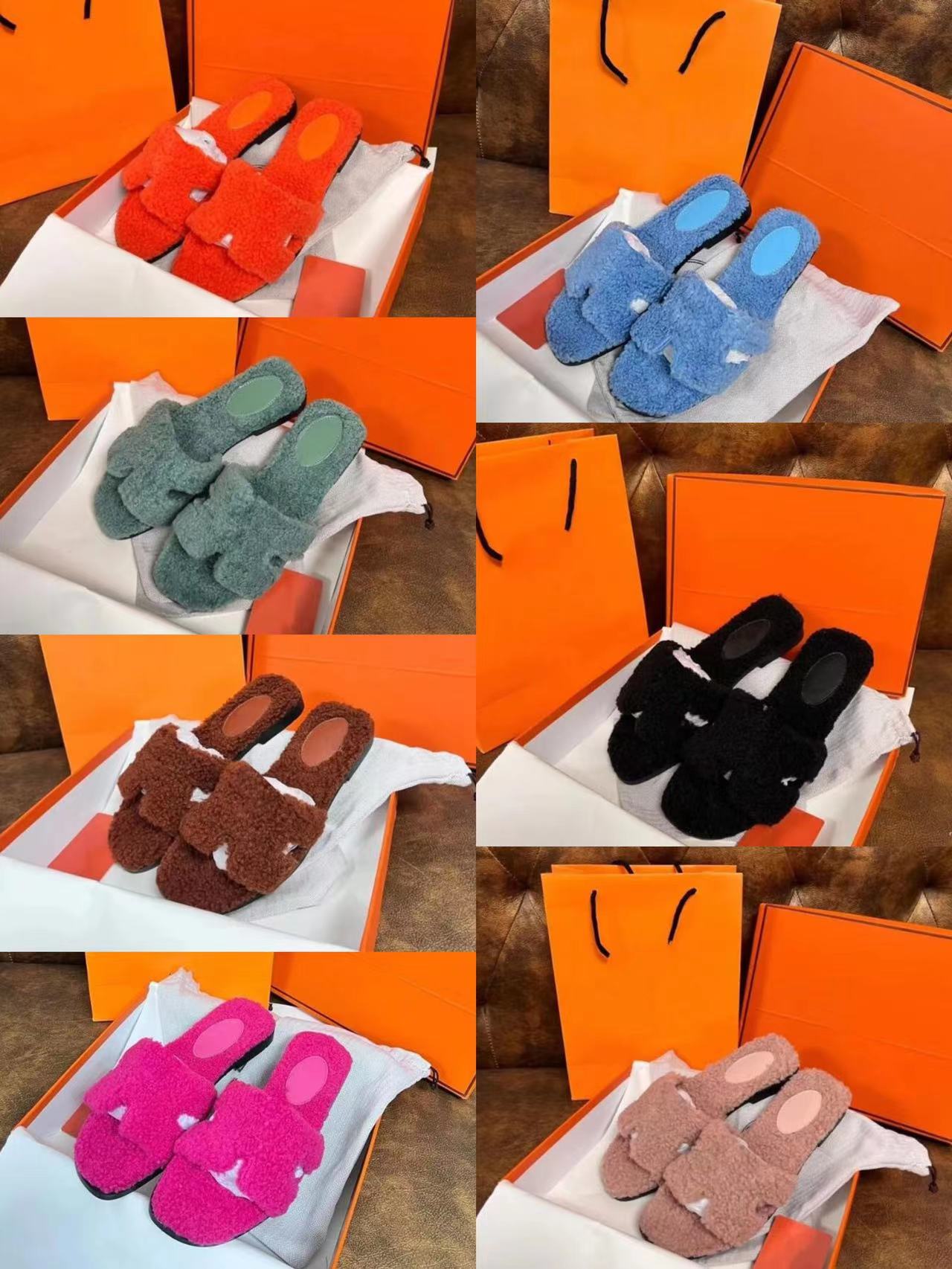 

Designer Wool Slippers Letter H Flat Mules Shearling Fur Fluffy Sandals Winter Women Indoor Shoes, Color1