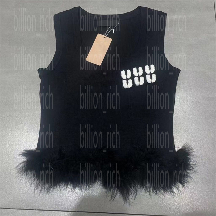 

Designer Women T Shirt Sexy Sleeveless Knit Vest Tops White Black Bottom Fur Design Knitted Tanks