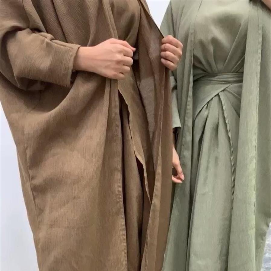 

Ethnic Clothing 3pcs Muslim Abaya Set Matching Inner Dress Kimono For Women Linene Modest Long Open Wrap Skirt Islam Clothes270y