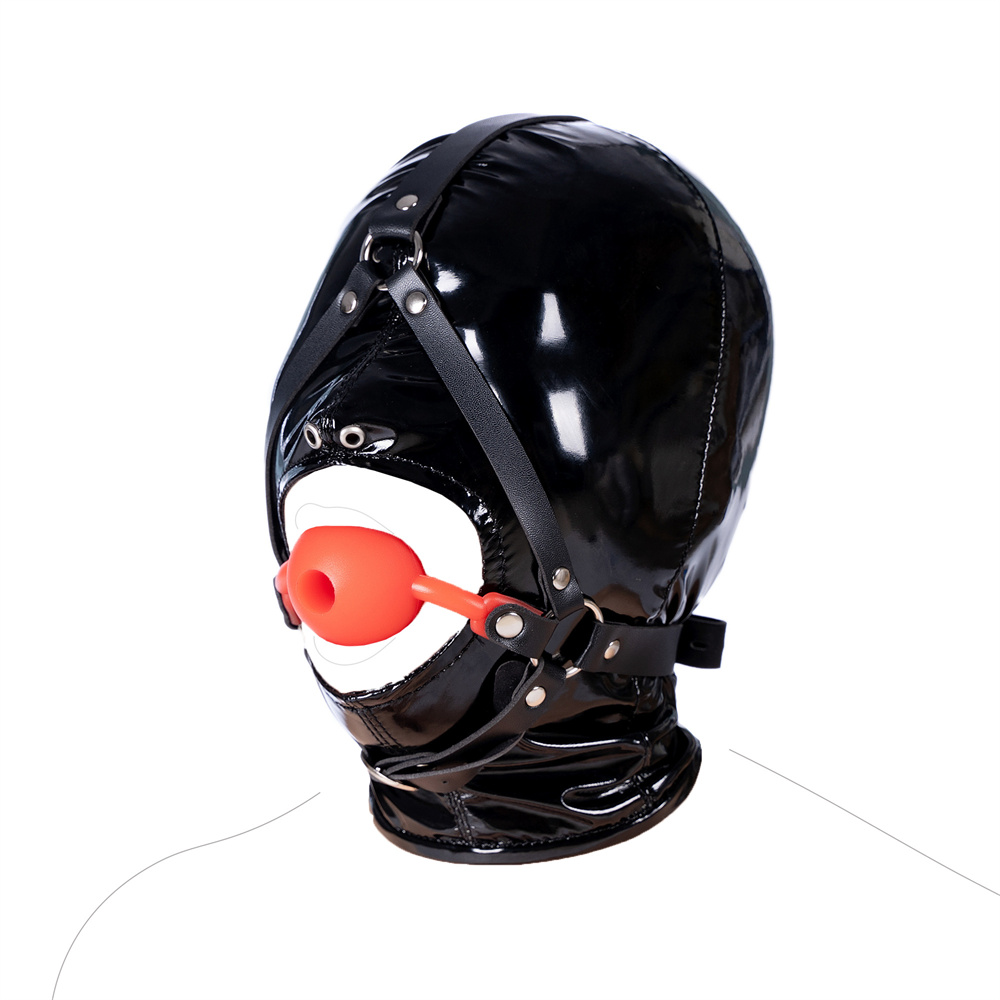 

Patent Leather Head Hood Full Cover Harness Headgear Open Big Mouth Mask Hollow Mouth Ball Gag Nose Hook BDSM Restraint Sex Toys