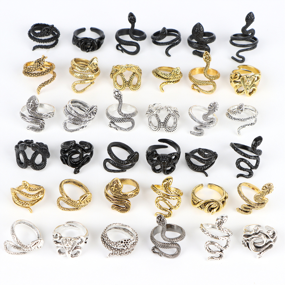 

Wholesale Retro Punk Exaggerated Snake Animal Rings For Women Men Fashion Antique Siver Color Opening Adjustable Jewelry
