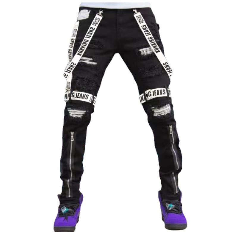 Men&#039;s Jeans Trend New Woven Jeans Ripped Small Feet Zipper Slim Pants-image-776177510