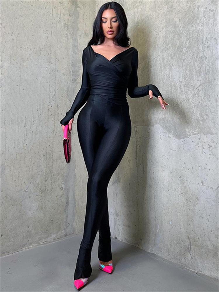 

Women' Two Piece Pants Inwoman Summer Sexy 2 Set Women Outfits 2022 Long Sleeve Crop Top Bodycon Black Party Matching Sets Female