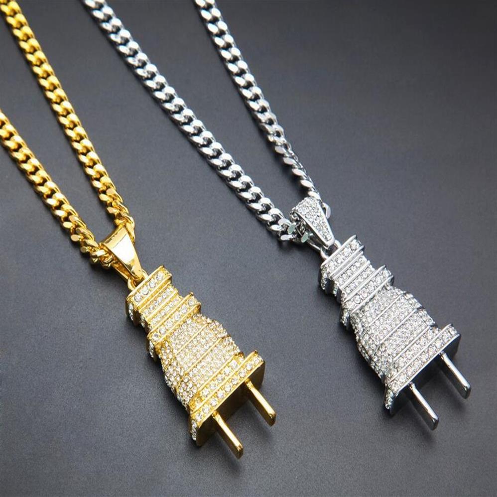 

24K gold plated Iced Out Bling Men's Plug Pendant Necklace Plated Charm Micro Pave Full Rhinestone Cuban Chain Hip Hop Jewelr262Y