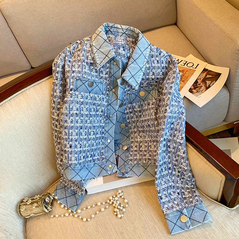

Women' turn down collar denim jeans patched tweed woolen single breasted jacket SMLXL, Blue