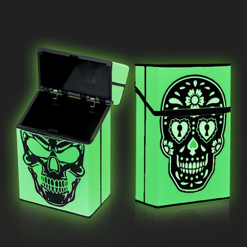 

cigarettes cases smoking accessories night light box mens plastic flip cigarette box ghost head poker pattern portable storage dab rig