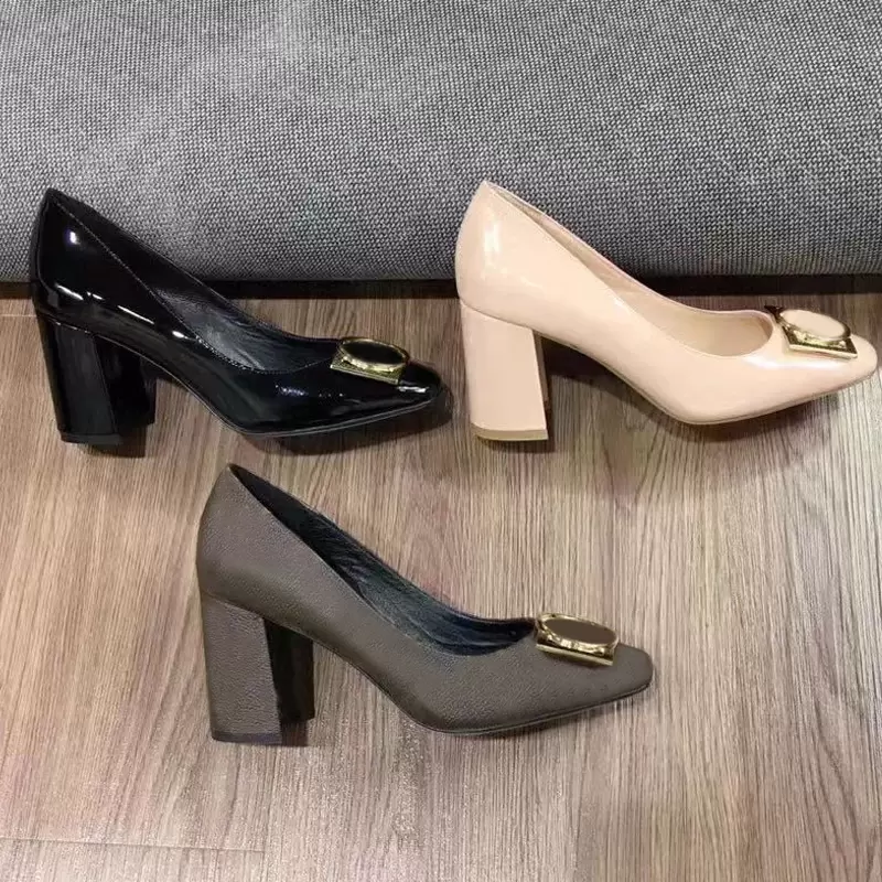 

Dress Shoes High Heels Women High Heeled Boat Shoe Classic Designer Leather Thick Heel Round Head SquareMetal Buckle 100% Cowhide shoes Large size 35-41-42 with box, Brown[8cm]