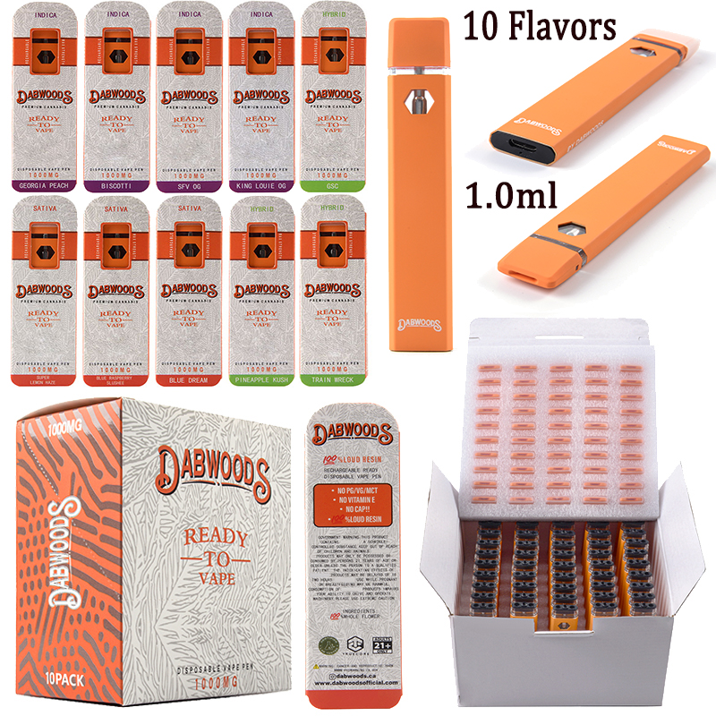 

Dabwoods Disposable Vape Pen Empty Pods Rechargeable E cigarettes 1.0ml Disposables Device Starter Kits 280mAh Battery 10 Strains With Packaging