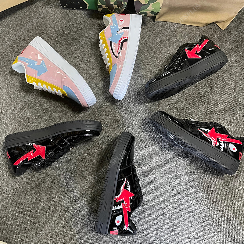 

Fashion Sneaker Low-Top Shoe Casual Shoes Luxury Designer Sneakers Patent Leather Trainers Black Shark Face Breathable Monkey Shape Men Women Sport