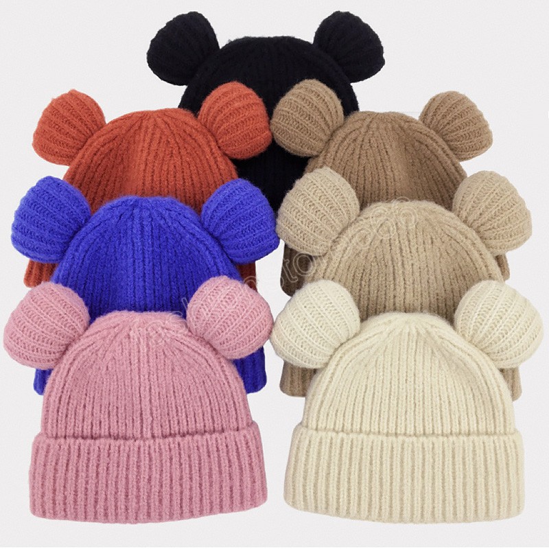 Bear Ear Knitted Hats For Women Girl Soft Cute Winter Warm Cute Skullies Cap Solid Color Unisex Beanies Hat Accessories