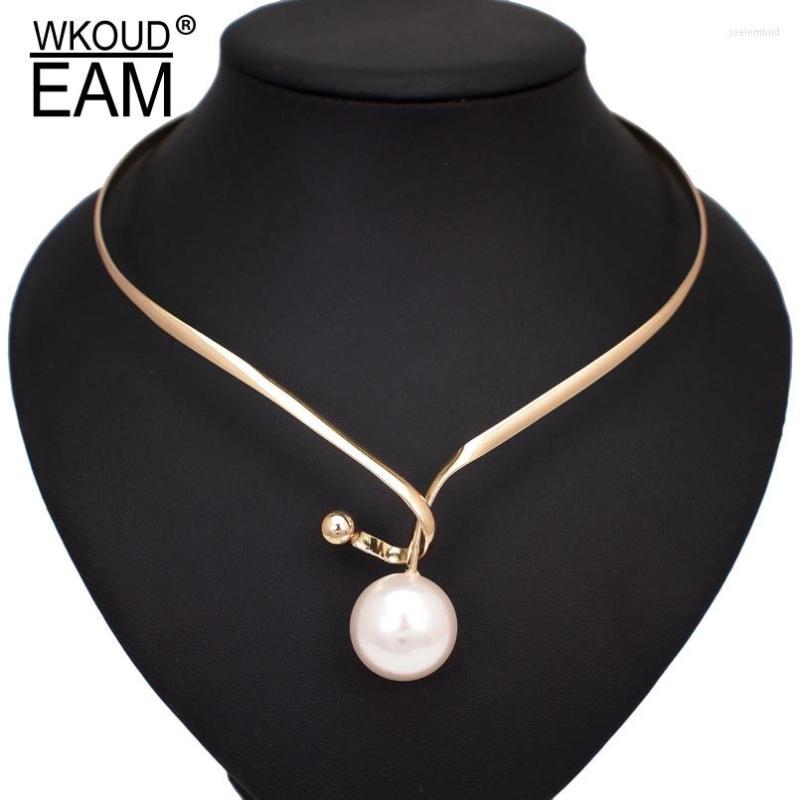 

Pendants WKOUD EAM 2022 Fashion Design Pearl Metal Chain Necklace For Women Trendy Short Choker Wedding Jewelry Tide PF079