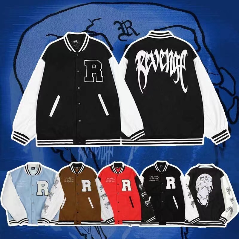 

REVENGE Varsity Outerwear Jacket flocking letter R skull spliced leather sleeve baseball jacket High Street Casual loose bomber jackets Coats size S-XL, Black 3