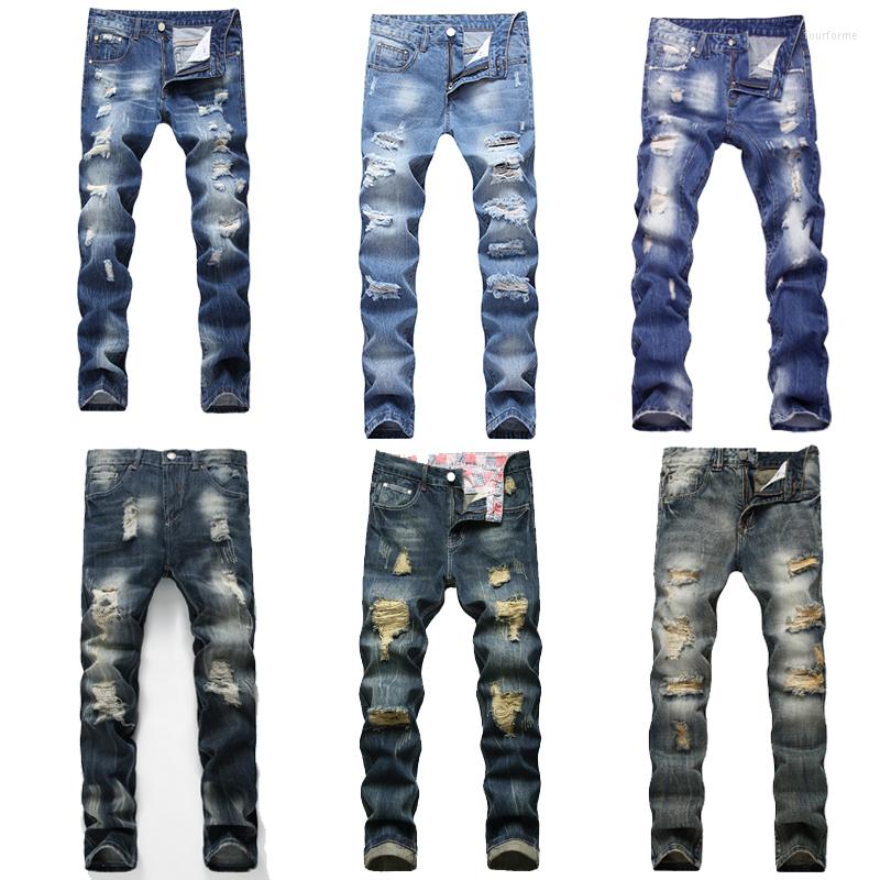 

Men's Jeans Men's Blue Slim Fit Stretch Destroyed Ripped Skinny Side Striped Denim Pants, Blue5