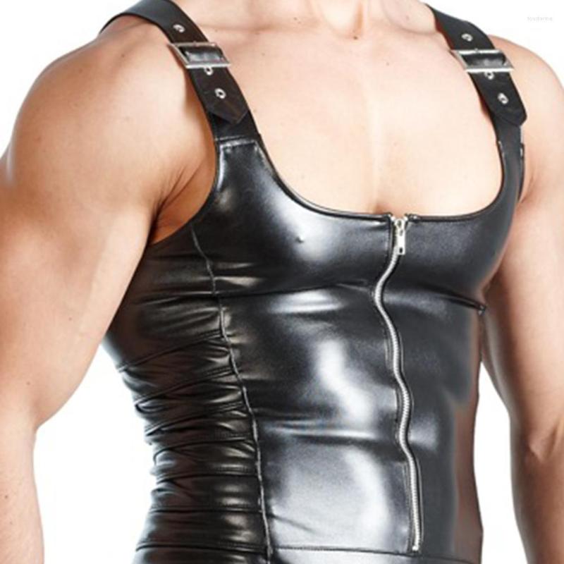 

Men's Body Shapers Sexy Men Underwear Sleeveless Open Crotch Faux Leather Zipper Bodysuit Shorts Jumpsuit