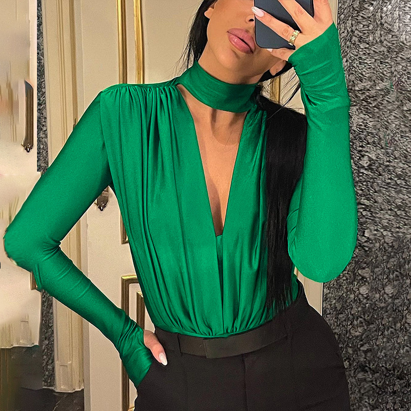 

2023 Sexy Deep V-neck Shirts Women Casual Solid Color Long Sleeve Blouse Bodysuit Tops Free Ship, Green