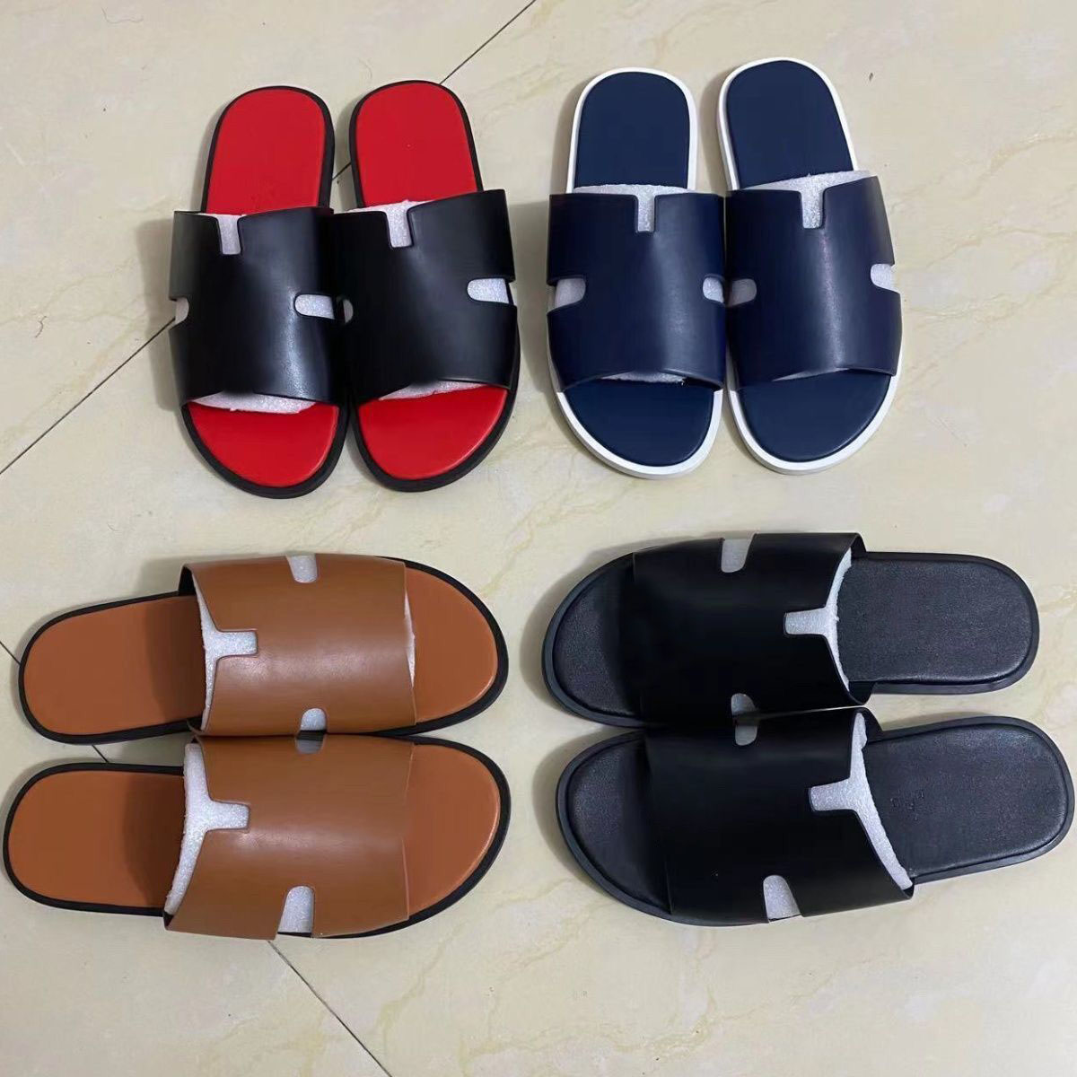

2022 Luxury design Fashion Paris Men Slippers calf leather slide flats Heritage Calfskin Sandals Flip Flop Men casual sandal Large size 38-46, 12