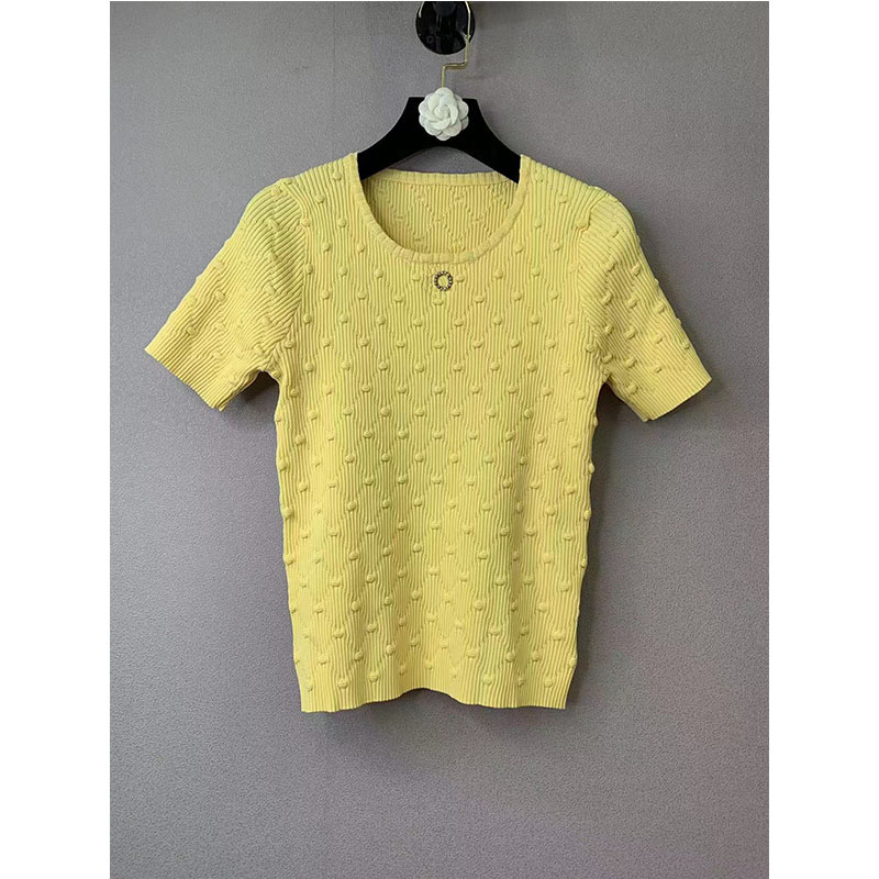

2023 Women's T-Shirt New Fashion Women's O-neck Sweaters 4 Colour Knitted Tops Women Short Sleeve Solid Sweater Casual Pullovers, Yellow