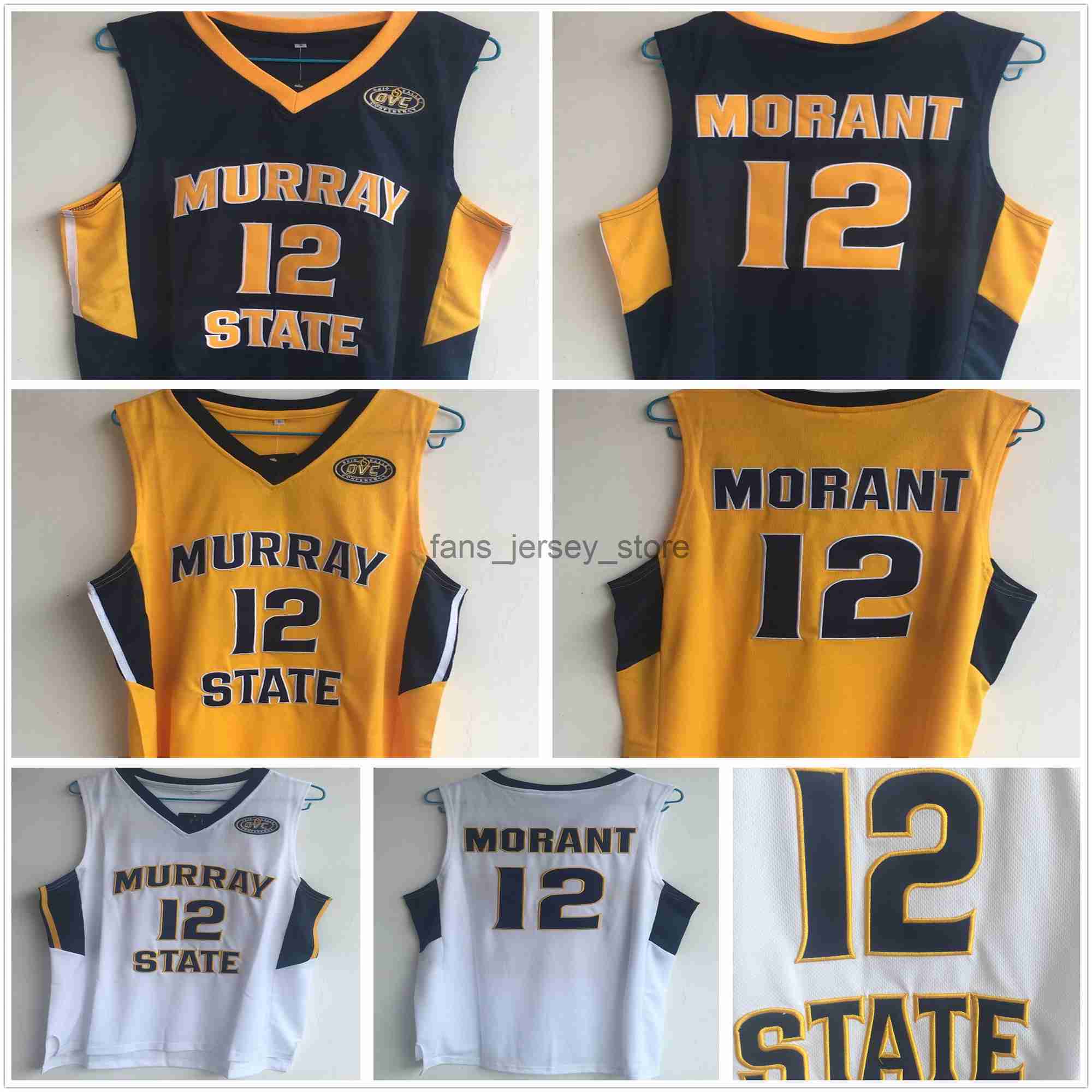 

Stitched NCAA Vintage Murray State Racers College Basketball Jerseys Ja 12 Morant Blue White Yellow Stitched Ja Morant Jersey Shirts OVC Patch -2XL