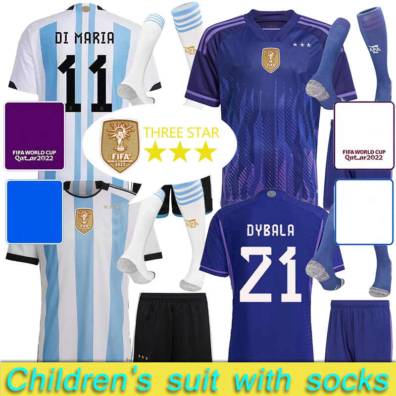 

Fans Version Argentina Soccer Jersey 22 23 Home Away World Cup champion three stars Football Shirts MESSIS DYBALA DI MARIA National Team MARADONA kids suit with Socks, Black