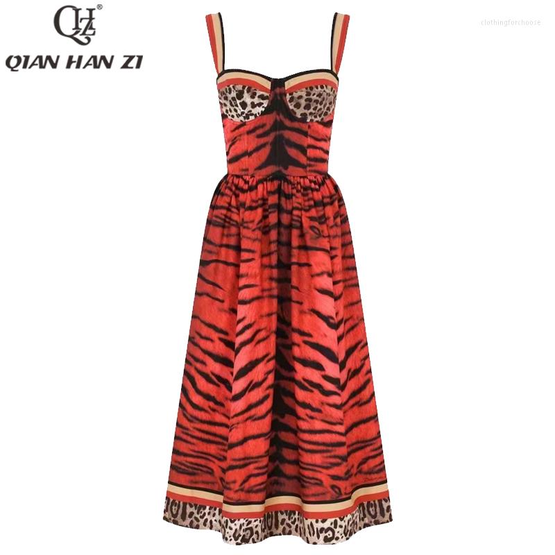

Casual Dresses Qian Han Zi Designer Fashion Summer Spaghetti Strap Dress For Women Vintage Cotton Slim Sexy Leopard Print, Multi