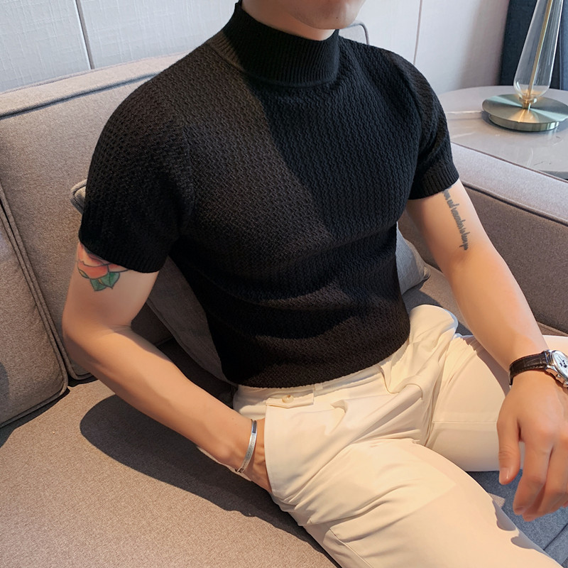 

Autumn Knitted T shirt Men's Half Turtleneck Short-sleeved Sweater Slim Solid Color Fashion Casual Bottoming Shirt, 999