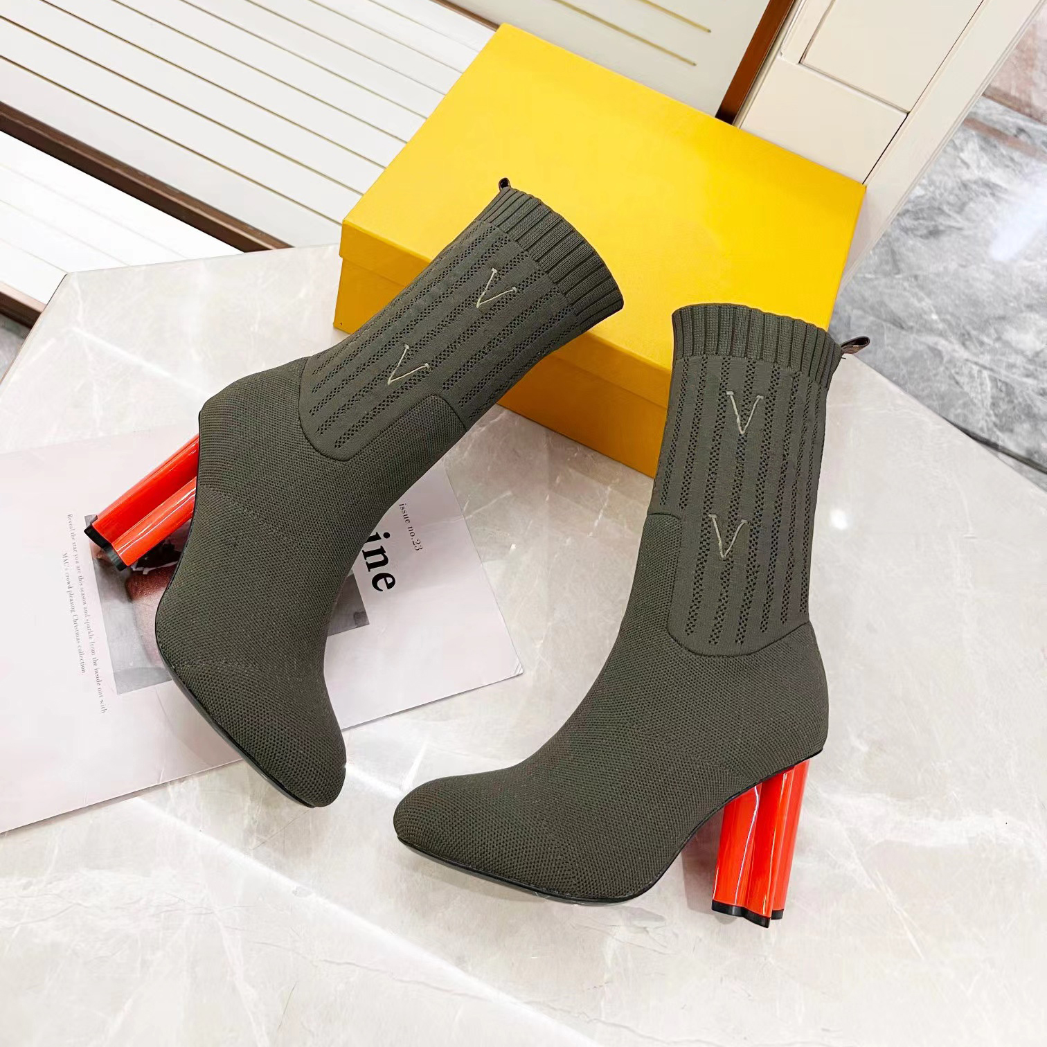 

autumn winter socks heeled heel boots fashion sexy Knitted elastic boot designer Alphabetic women shoes lady Letter Thick high heels Large size 2023