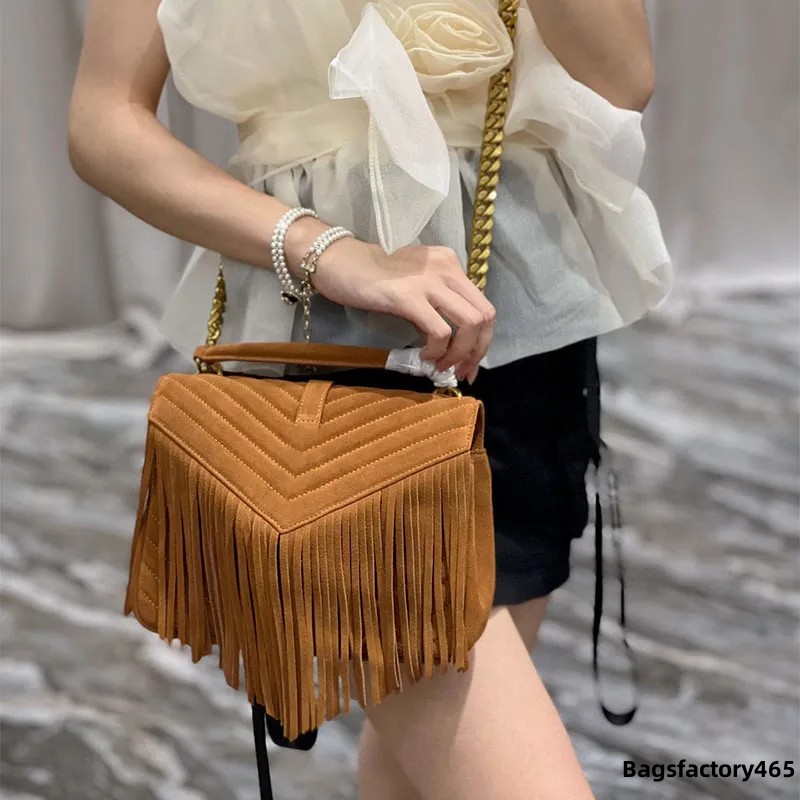 

France Womens Suede Fringe College Envelope Bags With Tassel Chevron Line V stitch Top Handle Totes GHW Crossbody Shoulder F/W Multi Pochette Handbags 24X6X17CM