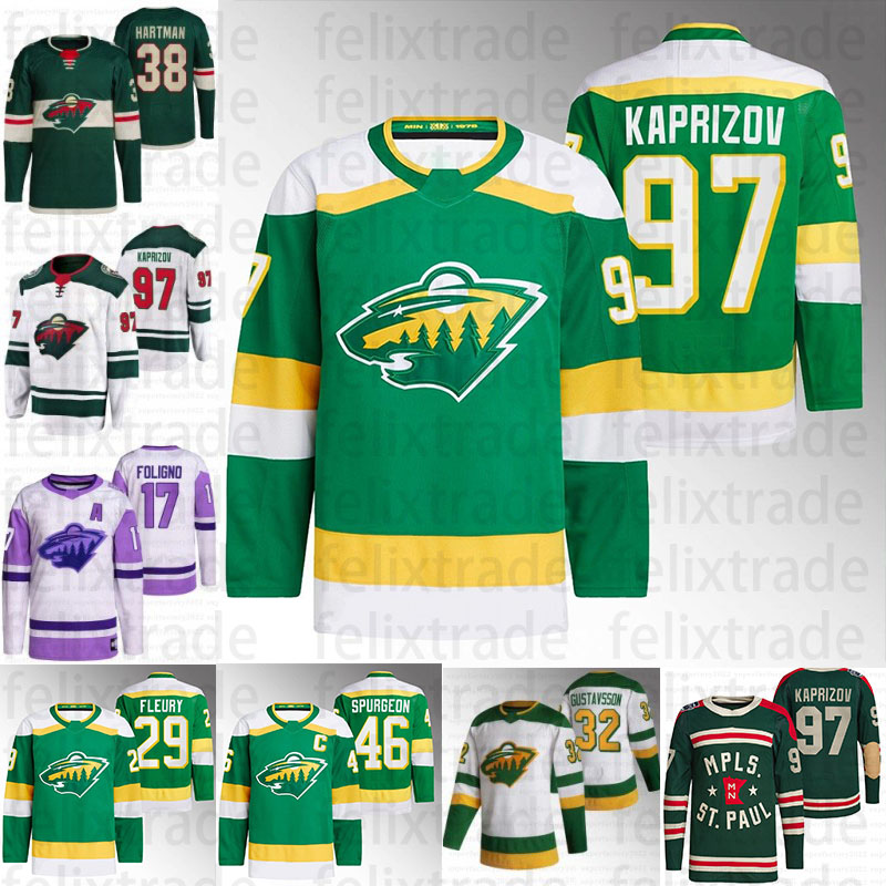 

Kirill Kaprizov Minnesota 2023 Reverse Retro jersey 29 Marc-Andre Fleury Wild 90 Ryan O'Reilly Joel Eriksson Ek Mats Zuccarello Alex Goligoski Matt Boldy, 2022 away jersey women s-xxl