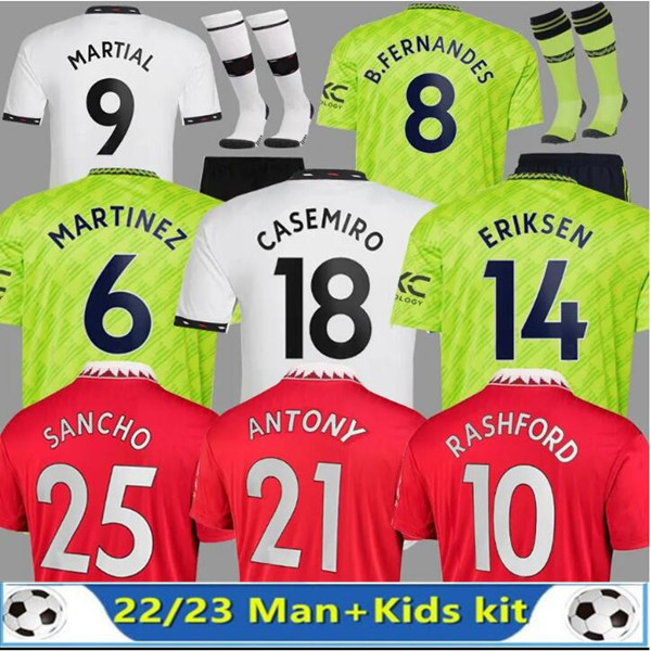 

SANCHO soccer jerseys 22 23 Fans Player version MANS UTDS MARTIAL MANCHESTERS B.FERNANDES RASHFORD Martinez SHAW ERIKSEN 2022 2023 football shirt men kids kit set, Green