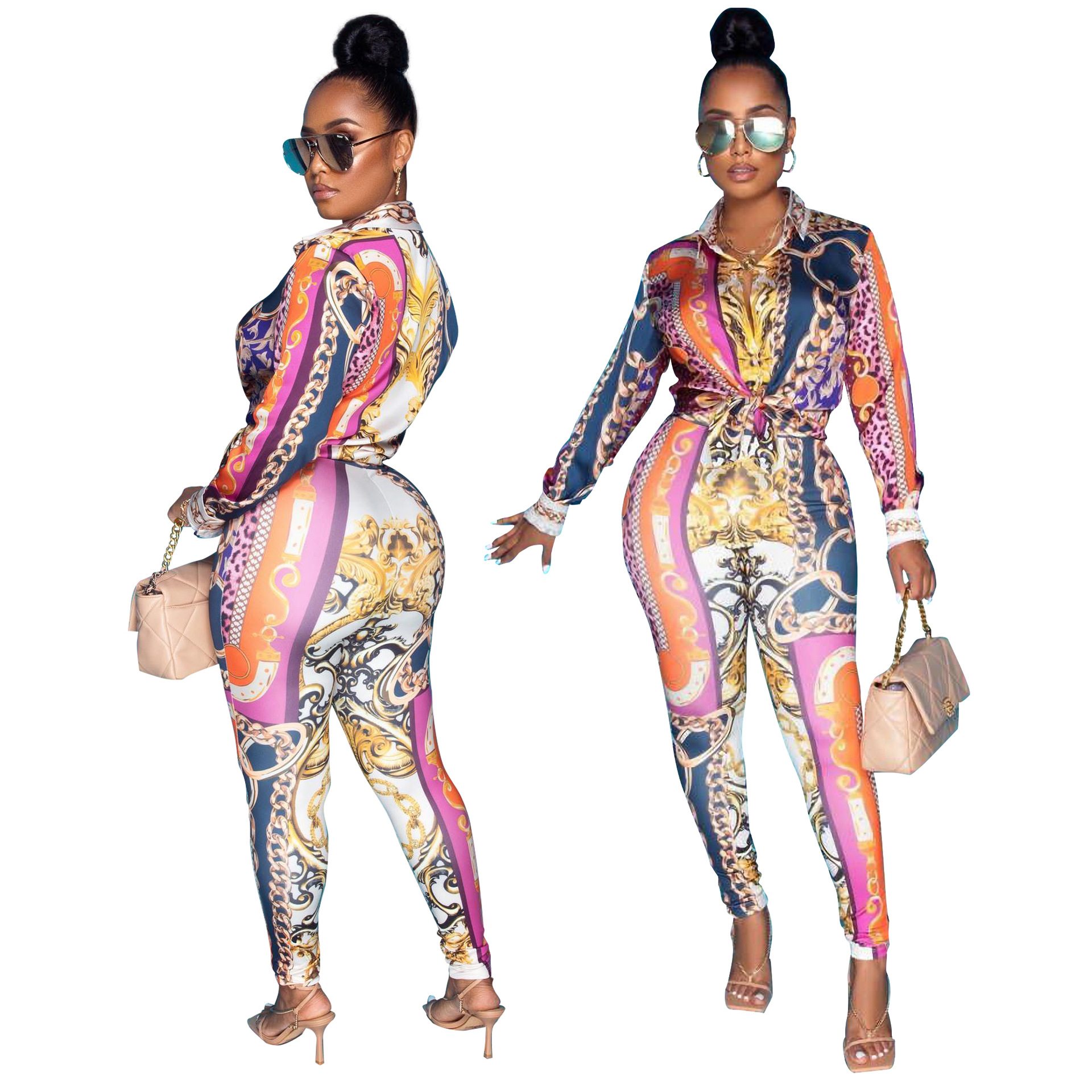 

2023 Two Piece Sets Outfits Women Casual Print Shirt and Pants Set Long Sleeve 2Pcs Suits Free Ship, Multi-9