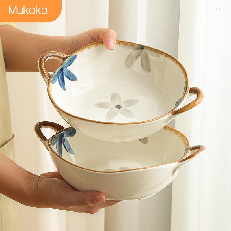 

Bowls 9-inch Large Ceramic Ramen Bowl Flower Noodle With Handle Household Tableware Microwave Oven Dishwasher, 7 inch