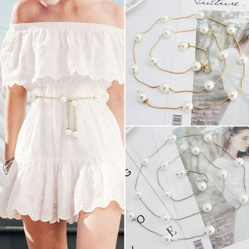 

Belts Women's Elegant Pearl Belt Simple Adjustable Metal Thin Chain Waistband Ladies Dress Skinny Decorative, Gold